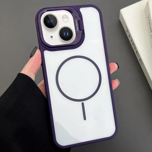 Funda magnética MagSafe para iPhone 15 Plus con soporte para lente de PC (morado)
