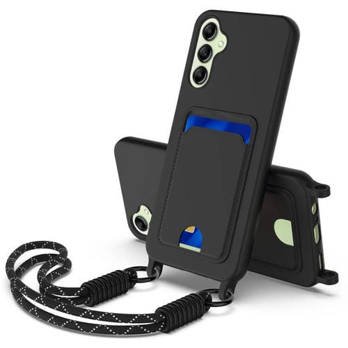 Funda de silicona líquida de color sólido para Samsung Galaxy A14 4G/5G (Gen2) con tarjetero integrado y cordón corto (negro)