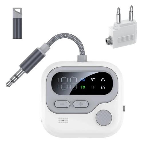 Adaptador de audio inalámbrico JS4 2 en 1 para coche con pantalla digital y receptor de audio de 3,5 mm (blanco)