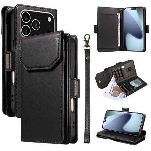 Funda de cuero con múltiples tarjetas y correa para iPhone 17 Pro (negra)