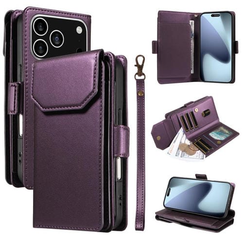 Funda de cuero con múltiples tarjetas y correa para iPhone 17 Pro (morada)