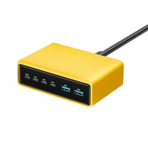 Cargador rápido de escritorio multifunción GaN de 6 puertos, 200 W, 4 USB-C/Tipo C y 2 USB-A. Enchufe: Reino Unido (amarillo).