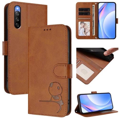 Funda de cuero con relieve RFID y cordón para Sony Xperia 10 IV (marrón)