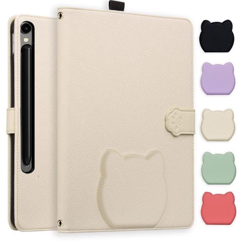 Funda de piel de lichi con tacto de gato para Samsung Galaxy Tab S10 FE+ (blanco albaricoque)