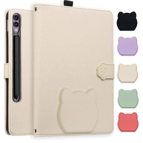 Funda de piel de lichi con tacto de gato para Samsung Galaxy Tab S10 Ultra/S9 Ultra (blanco albaricoque)