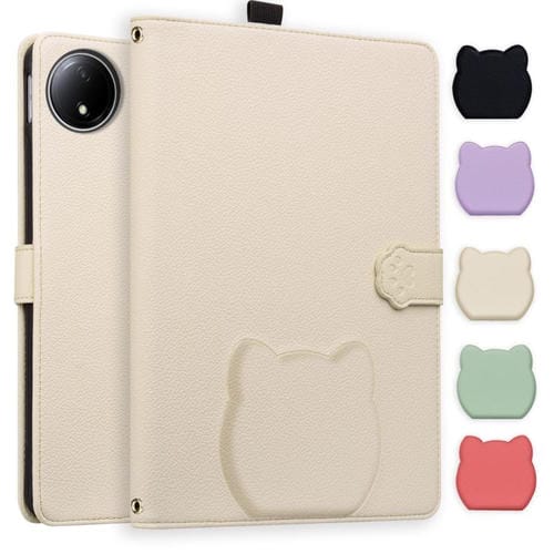 Funda de piel de lichi con tacto de gato para Xiaomi Redmi Pad SE 8.7 (blanco albaricoque)