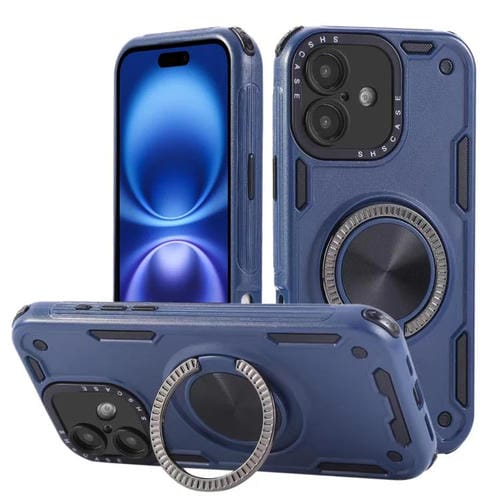 Funda magnética de tres núcleos con rotación de 360 grados para iPhone 16 (azul real)