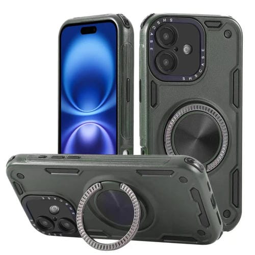 Funda magnética de tres núcleos con rotación de 360 grados para iPhone 16 (verde militar)