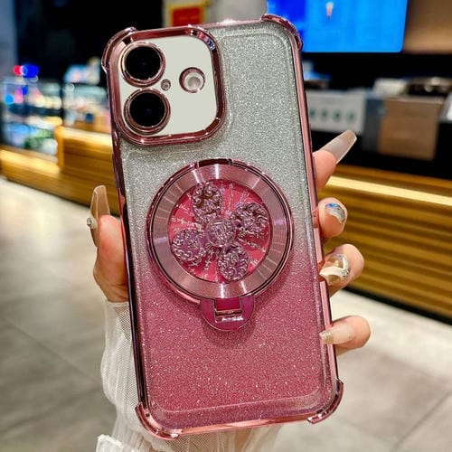 Funda con soporte giratorio con purpurina degradada para iPhone 16 Plus (rosa)
