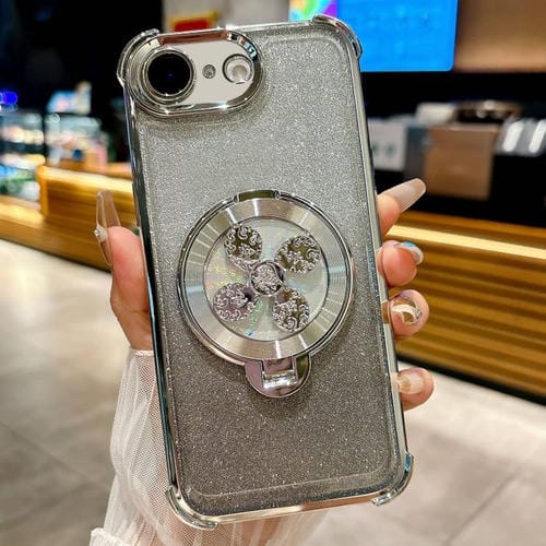 Funda con soporte giratorio para iPhone 16e con purpurina degradada (plateada)