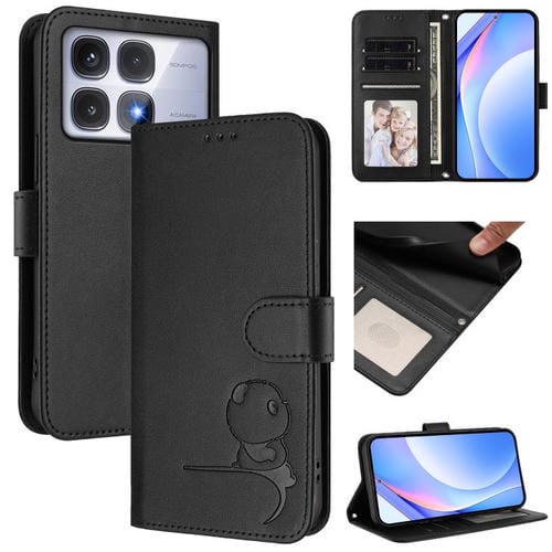 Funda de cuero RFID con estampado de panda y cordón para Redmi K70 Ultra (negro)