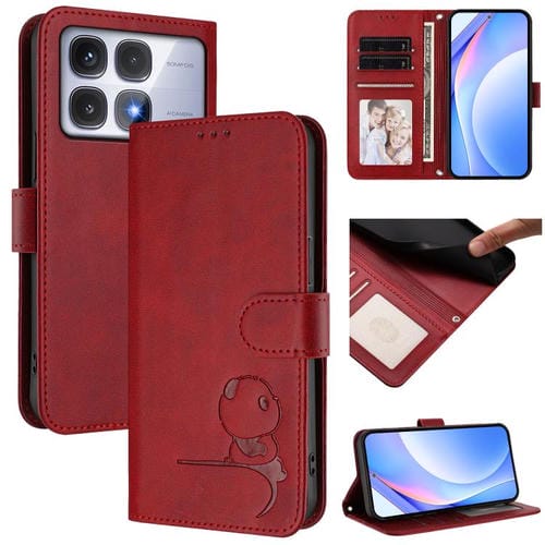 Funda de cuero RFID con estampado de panda y cordón para Redmi K70 Ultra (rojo vino)