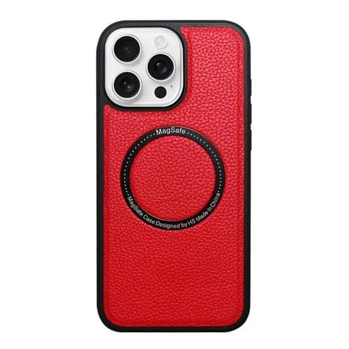Funda trasera MagSafe de PU con textura de lichi para iPhone 16 Pro Max (roja)
