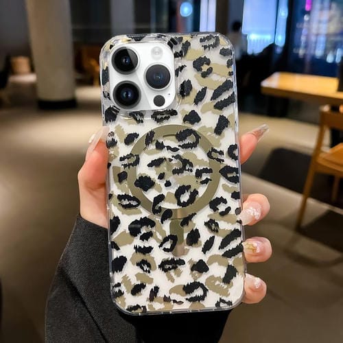 Funda Leopard MagSafe con laminado IMD de doble cara para iPhone 15 Pro Max (negro y marrón)