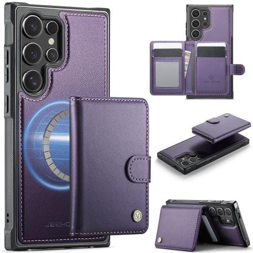 For Samsung Galaxy S25 Ultra 5G JEEHOOD J09 Buckle Card Bag MagSafe Magnetic Style RFID Leather Phone Case(Purple)