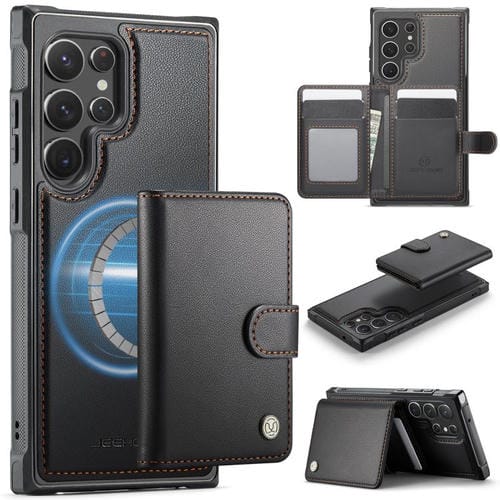 For Samsung Galaxy S22 Ultra 5G JEEHOOD J09 Buckle Card Bag MagSafe Magnetic Style RFID Leather Phone Case(Black)