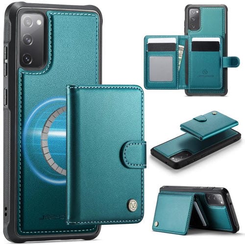 For Samsung Galaxy S20 FE JEEHOOD J09 Buckle Card Bag MagSafe Magnetic Style RFID Leather Phone Case(Green)