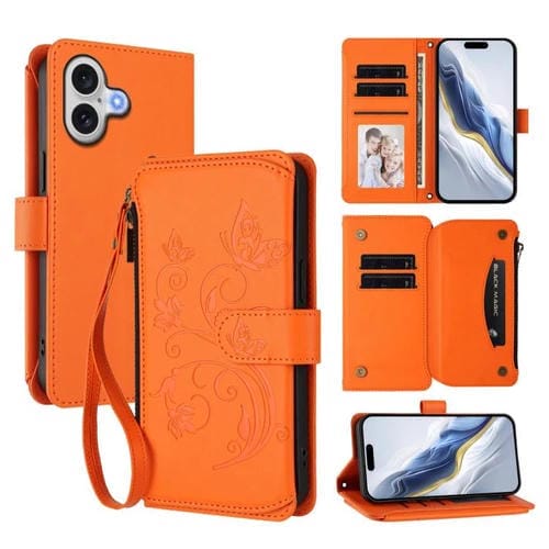 Funda de cuero con cremallera para iPhone 17, diseño de mariposas, flores y amor (naranja)