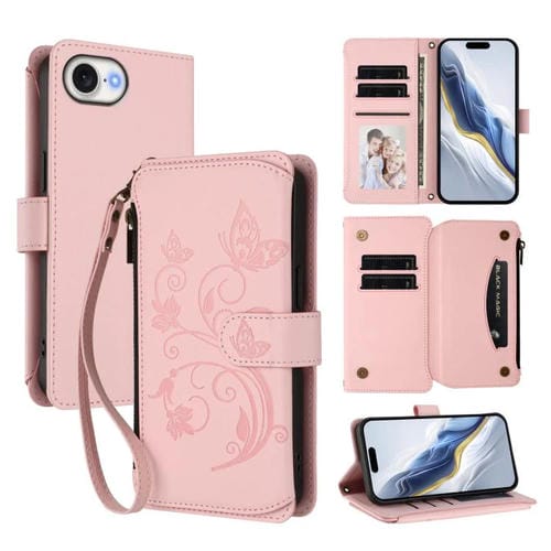 Funda de cuero con cremallera para iPhone 16e, diseño de mariposas, flores y amor (rosa)
