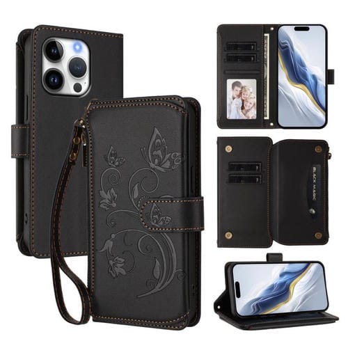 Funda de cuero con cremallera para iPhone 16 Pro Max, diseño de mariposas, flores y amor, con múltiples tarjetas (negro)