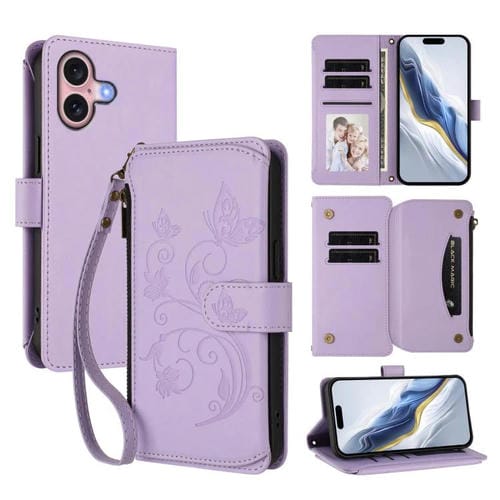 Funda de cuero con cremallera para iPhone 16, diseño de mariposas, flores y amor (morado claro)
