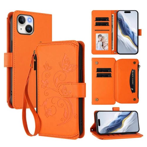Funda de cuero con cremallera para iPhone 14 Plus, diseño de mariposas, flores y amor (naranja)