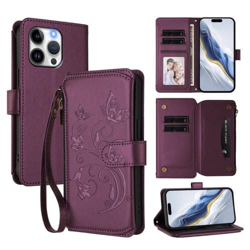 Funda de cuero con cremallera para iPhone 14 Pro, diseño de mariposas, flores y amor (morado oscuro)