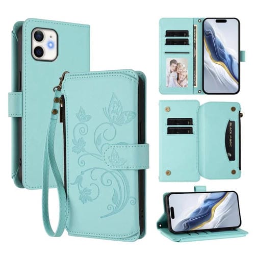 Funda de cuero con cremallera para iPhone 12/12 Pro, diseño de mariposas, flores y amor (verde menta)