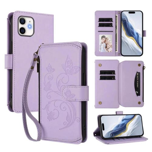 Funda de cuero con cremallera para iPhone 12 mini, diseño de mariposas, flores y amor, con múltiples tarjetas (morado claro)