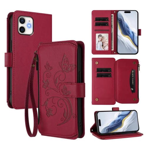 Funda de cuero con cremallera para iPhone 11, diseño de mariposas, flores y amor (rojo vino)