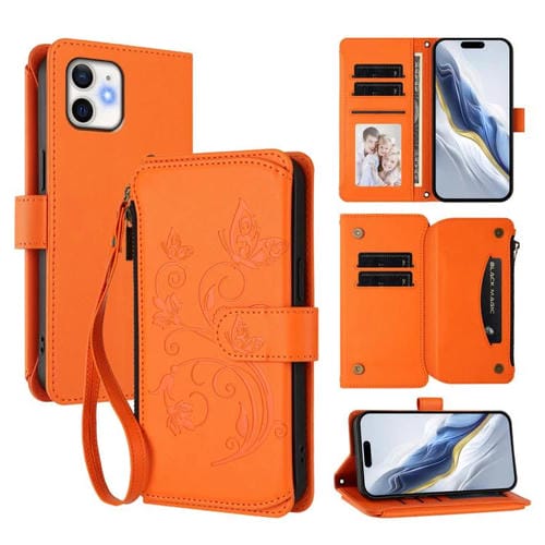 Funda de cuero con cremallera para iPhone 11, diseño de mariposas, flores y amor (naranja)