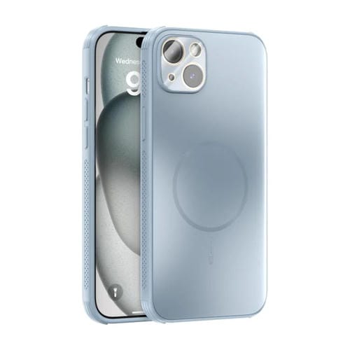 Funda ABEEL MagSafe esmerilada con disipación de calor y película para lente para iPhone 14 Plus (azul claro)