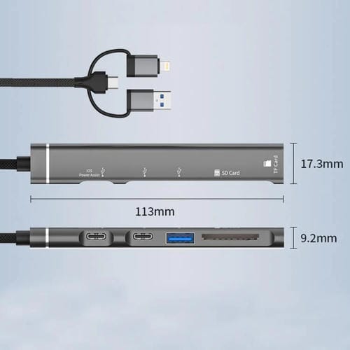 Adaptador USB Tipo C 8 pines a lector tarjetas TF SD concentrador estación acoplamiento 5 en 1 (Gris)