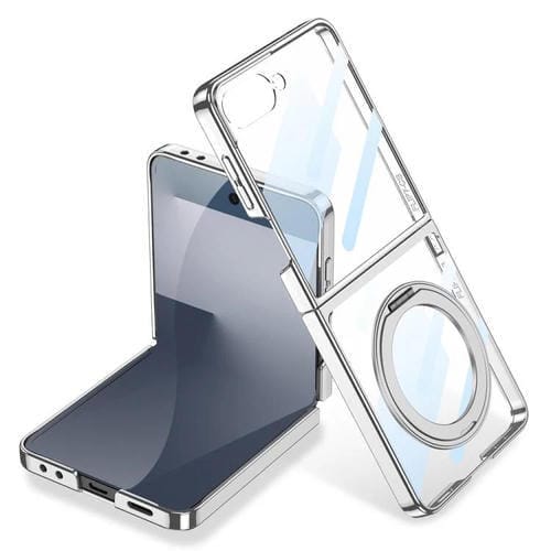 Funda para Samsung Galaxy Z Flip7 5G con galvanoplastia integrada y cobertura total, con soporte giratorio magnético (plateada)
