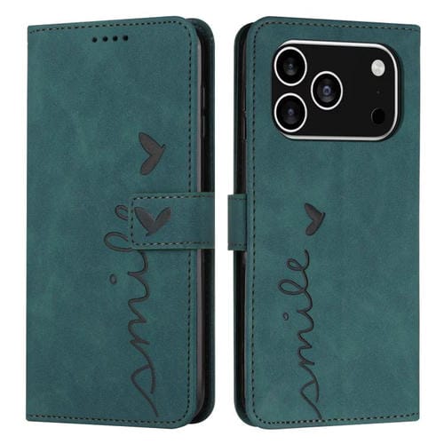 Funda de piel con relieve de corazón para iPhone 17 Pro con cordón largo (verde)