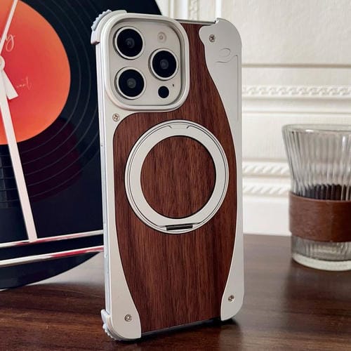 Funda de metal sin marco para iPhone 16 Pro Max, color nogal, con rotación de 360 grados y soporte MagSafe (plateada)