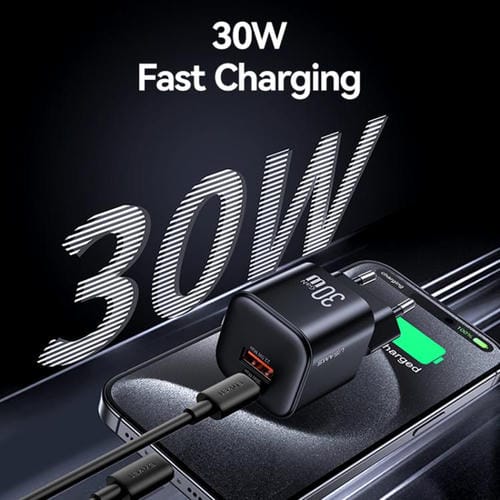 Cargador mini rápido USAMS CC263 de 30 W GaN USB-C/Tipo-C, con dos puertos USB, enchufe UE (negro)