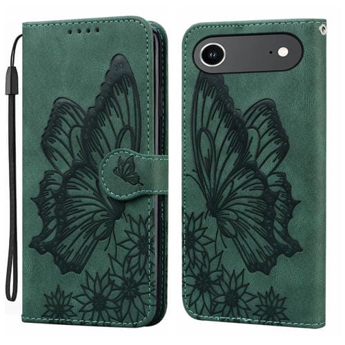 Funda de cuero con tapa horizontal y diseño retro de mariposas en relieve para iPhone 17 Air (verde)
