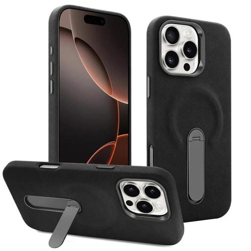 VIETAO - Funda de piel sintética MagSafe de ante con soporte para iPhone 16 Pro Max (negra)