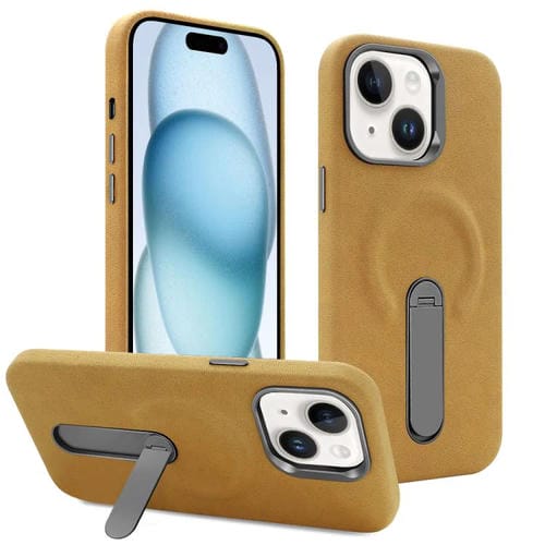 Funda VIETAO de piel sintética MagSafe de gamuza con soporte para iPhone 15 (marrón claro)