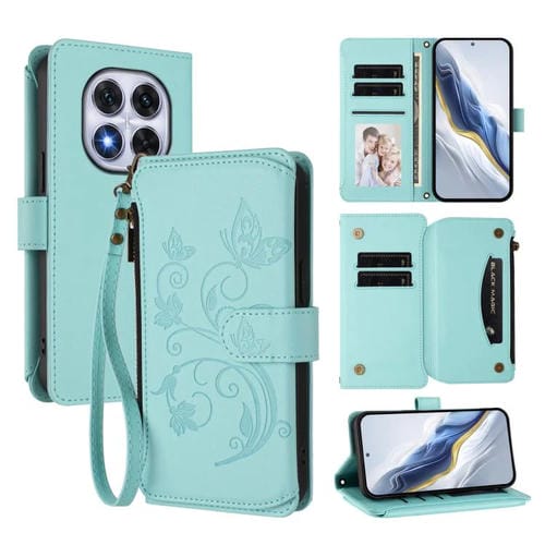 Funda de cuero con cremallera para Redmi Note 14 Pro 5G / Note 14 Pro+ 5G, diseño de mariposas y flores, con múltiples tarjetas (verde menta)