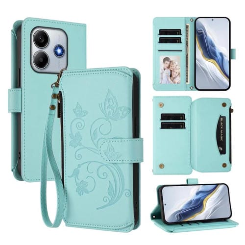 Funda de cuero con cremallera para Redmi Note 14 5G / Xiaomi Poco M7 Pro 5G, diseño de mariposas y flores, con múltiples tarjetas (verde menta)