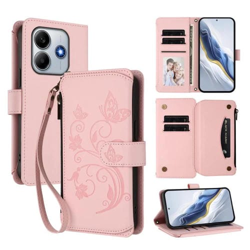 Funda de cuero con cremallera para Redmi Note 14 5G / Xiaomi Poco M7 Pro 5G, diseño de mariposas y flores, con múltiples tarjetas (rosa)