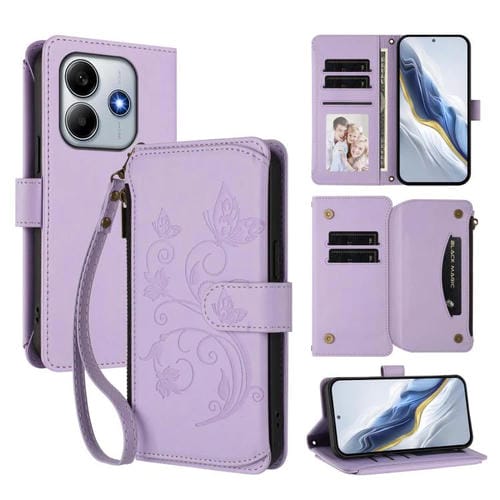 Funda de cuero con cremallera para Redmi Note 14 5G / Xiaomi Poco M7 Pro 5G, diseño de mariposas, flores y múltiples tarjetas (morado claro)