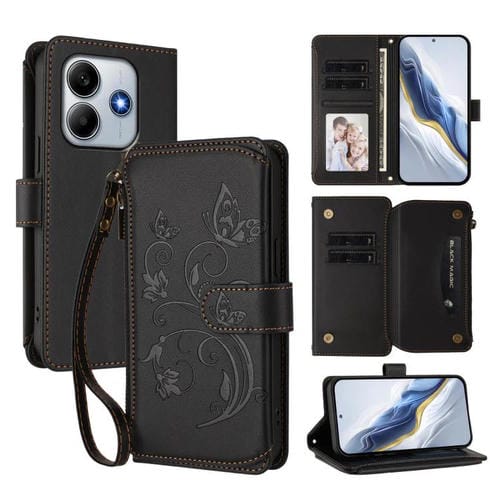 Funda de cuero con cremallera para Redmi Note 14 4G, 164,84 mm, diseño de mariposas y flores, con múltiples tarjetas (negro)
