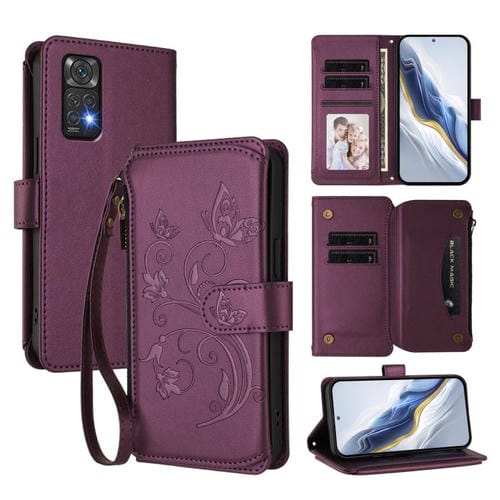 Funda de cuero con cremallera para Redmi Note 12S / Redmi Note 11S 4G, diseño de mariposas, flores y mariposas (morado oscuro)