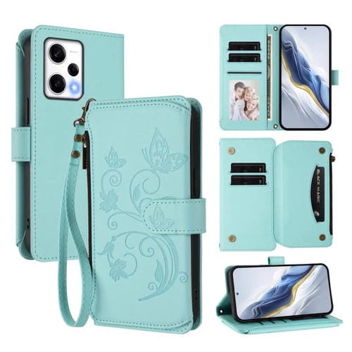 Funda de cuero con cremallera para Redmi Note 12 Pro+ Global / Note 12 Explorer, diseño de mariposas, flores y amor (verde menta)