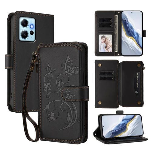 Funda de cuero con cremallera para Redmi Note 12 4G Global, diseño de mariposas, flores y múltiples tarjetas (negro)