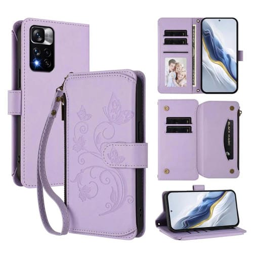 Funda de cuero con cremallera para Redmi Note 11 Pro+ 5G y Xiaomi Poco X4 NFC, diseño de mariposas, flores y mariposas (morado claro)