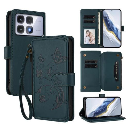 Funda de cuero con cremallera para Redmi K70 Ultra, diseño de mariposas, flores y amor, con múltiples tarjetas (verde oscuro)